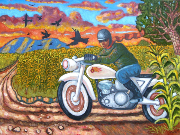 Motorcycle in cornfield with crows