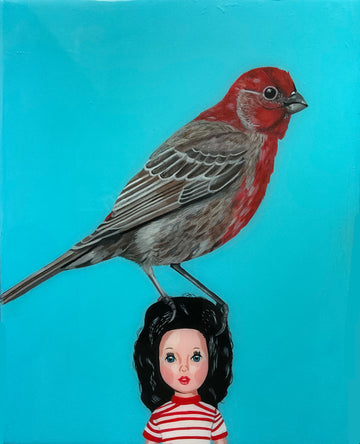 House Finch on Vintage Doll