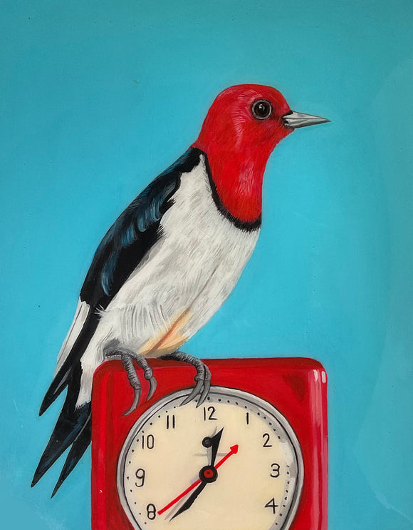 Red Headed Woodpecker on Vintage Clock