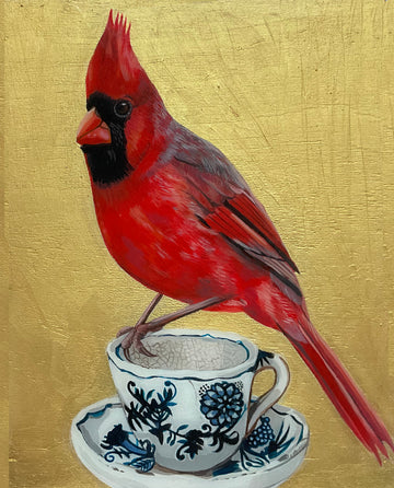 Red Cardinal Bird on Antique Cup ( gold)