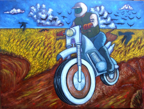 Motorcycle in wheatfield with crows