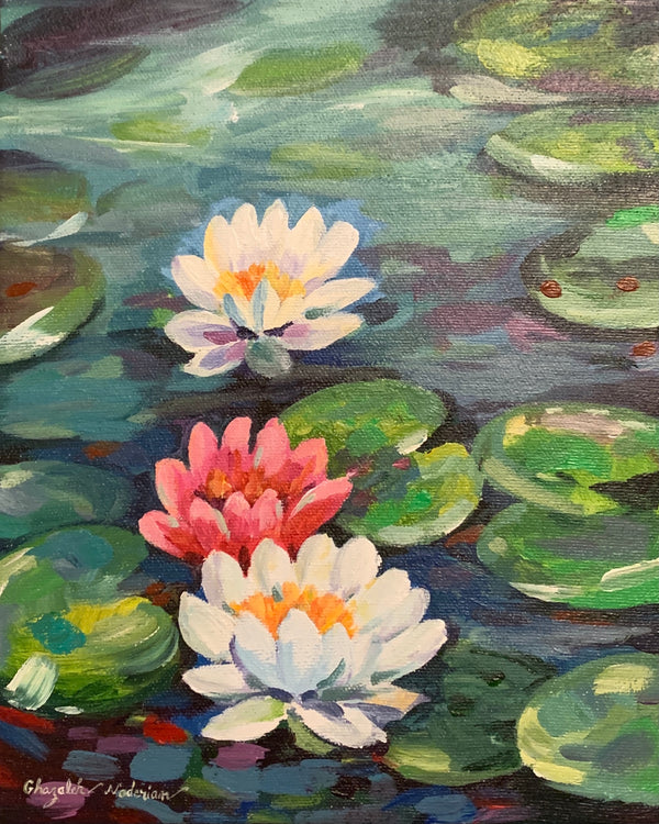 Tranquil water lilies pond ! Round canvas painting! Ready to hang on wall