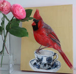 Red Cardinal Bird on Antique Cup ( gold)