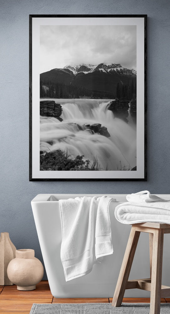 Athabasca Waterfalls, Jasper National Park, Alberta in Black and white.