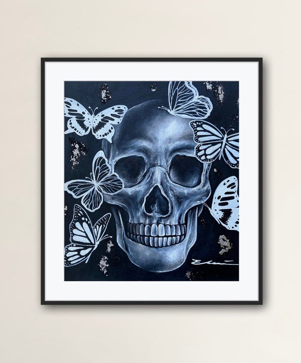 Skull with Butterflies and Silver Leaf