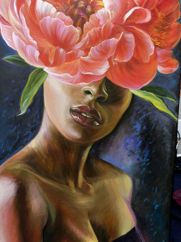 Portrait with red peonies