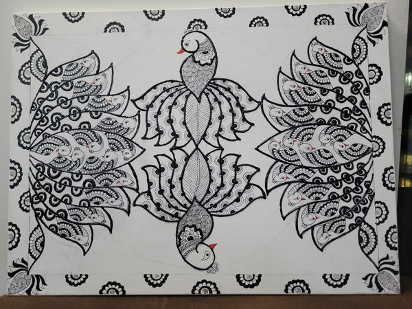 Madhubani lotus and peacock design