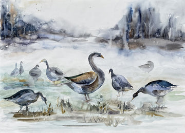 Geese in a foggy park