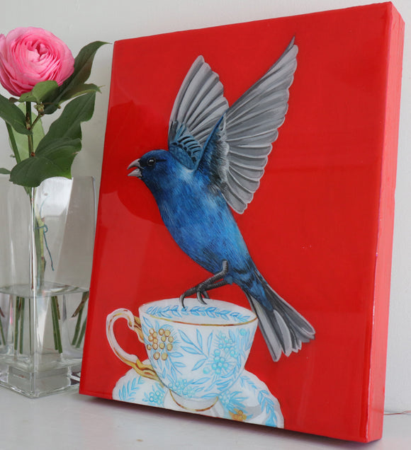 Indigo Bunting on Antique Cup