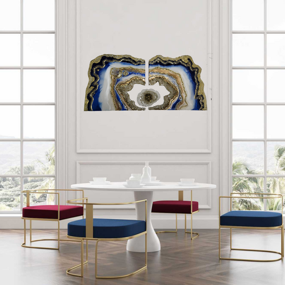 Blue White and Gold Diptych with floating crystal cluster