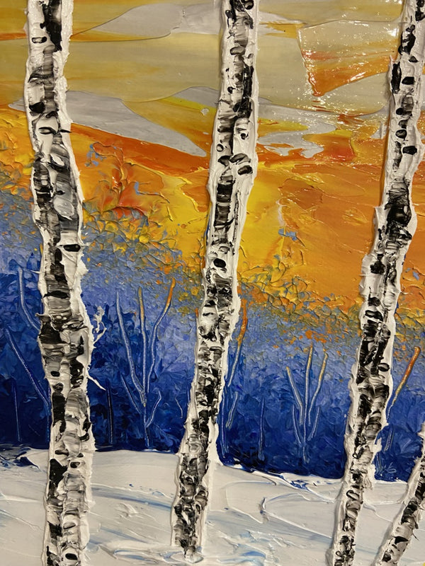 Abstract winter birch tree impasto