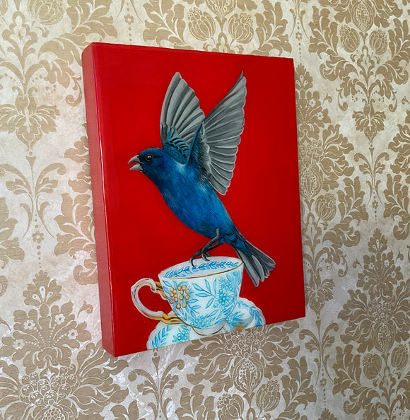 Indigo Bunting on Antique Cup