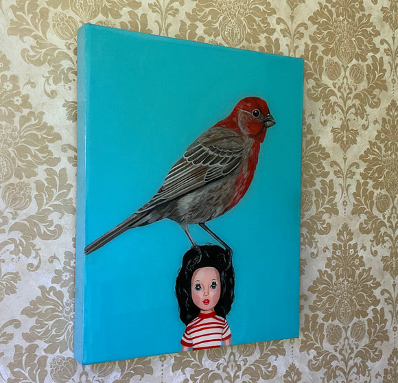 House Finch on Vintage Doll