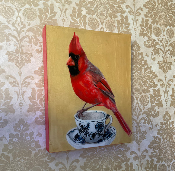 Red Cardinal Bird on Antique Cup ( gold)