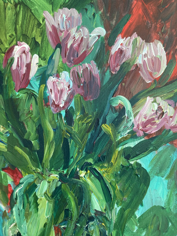 Pink Tulips in a Glass Vase. A Variation
