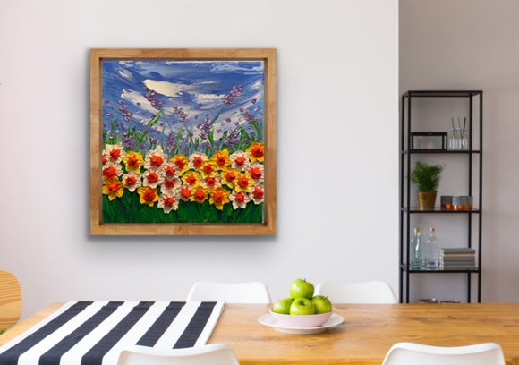 Whimsical Daffodils and lavender field