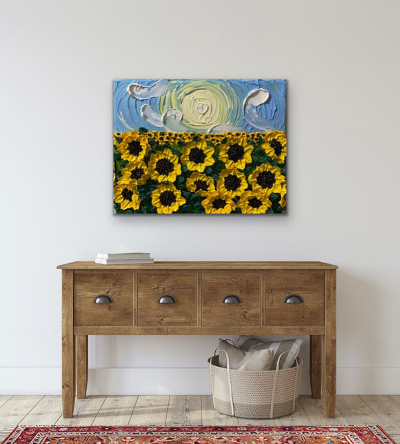 3D sunflower field impasto acrylic painting