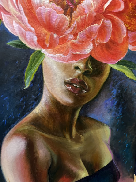 Portrait with red peonies