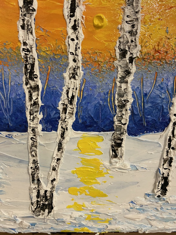 Abstract winter birch tree impasto