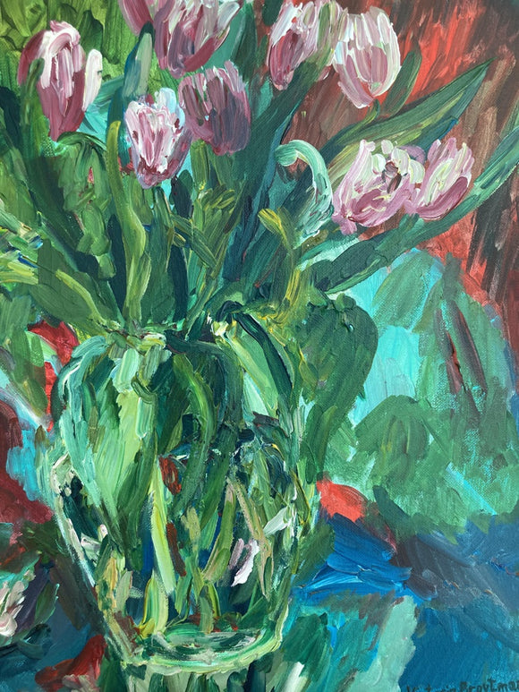 Pink Tulips in a Glass Vase. A Variation