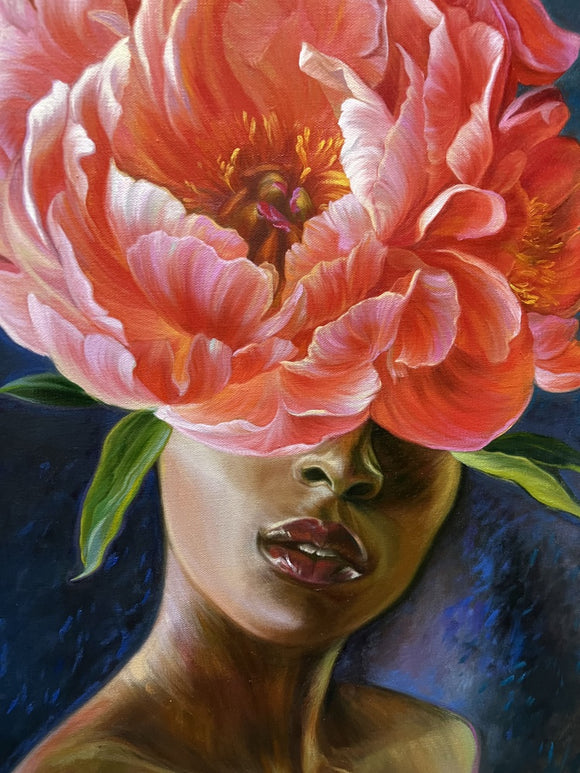 Portrait with red peonies