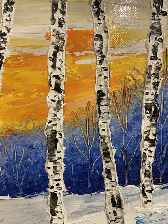 Abstract winter birch tree impasto