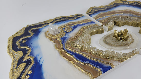 Blue White and Gold Diptych with floating crystal cluster