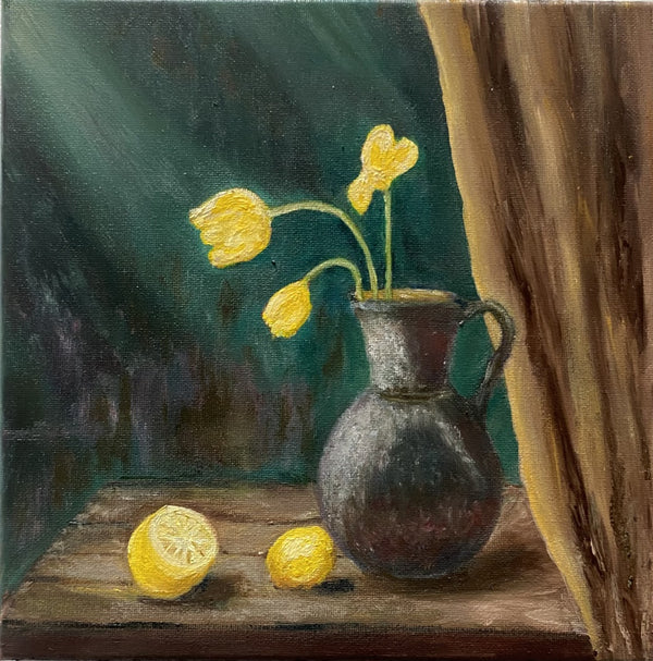 "Ordinary Days" Still Life Vintage Jug with Tulips and Lemons