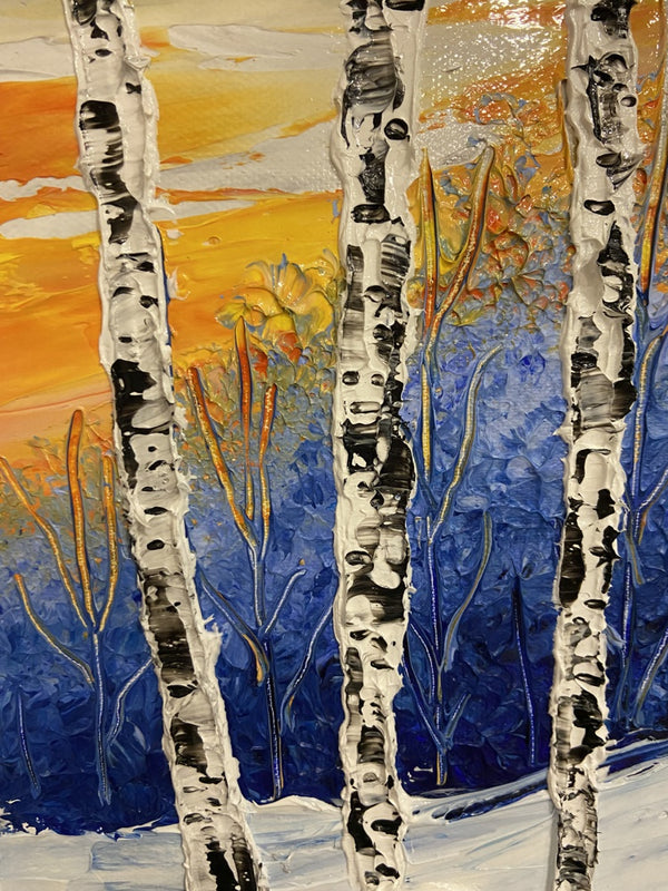 Abstract winter birch tree impasto