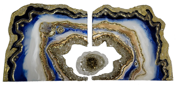 Blue White and Gold Diptych with floating crystal cluster