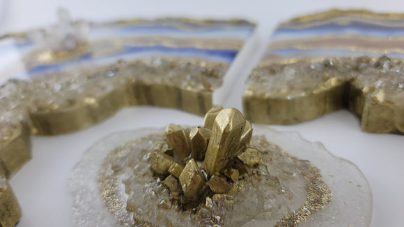 Blue White and Gold Diptych with floating crystal cluster
