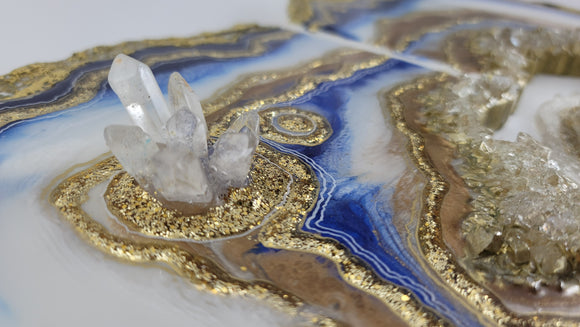 Blue White and Gold Diptych with floating crystal cluster
