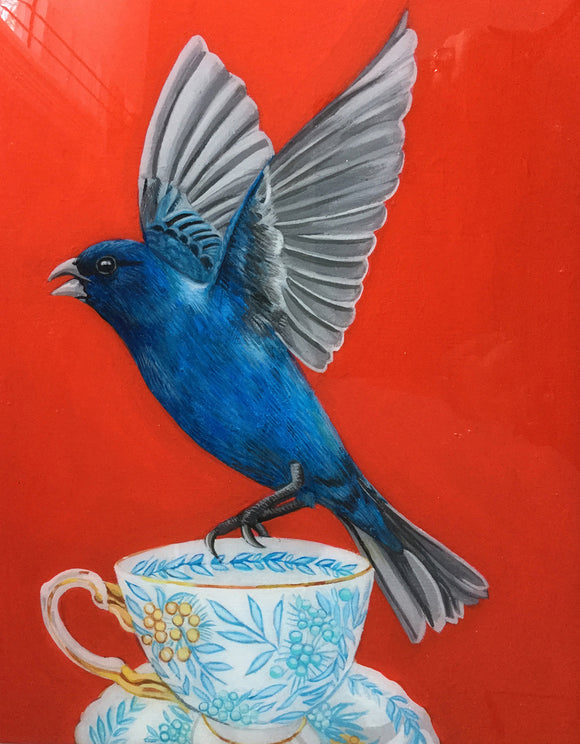 Indigo Bunting on Antique Cup